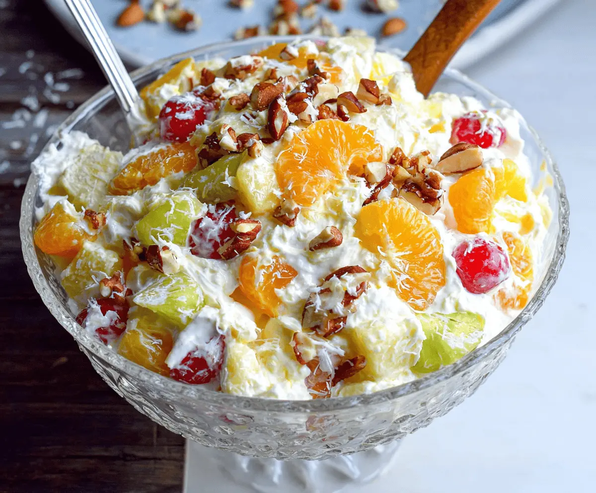 Delicious classic ambrosia salad with fresh fruits and whipped cream served in a clear glass bowl.