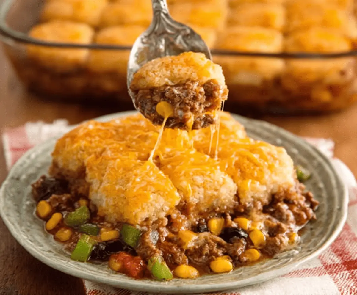 Delicious Cowboy Casserole with layers of ground beef, cheese, and vegetables.