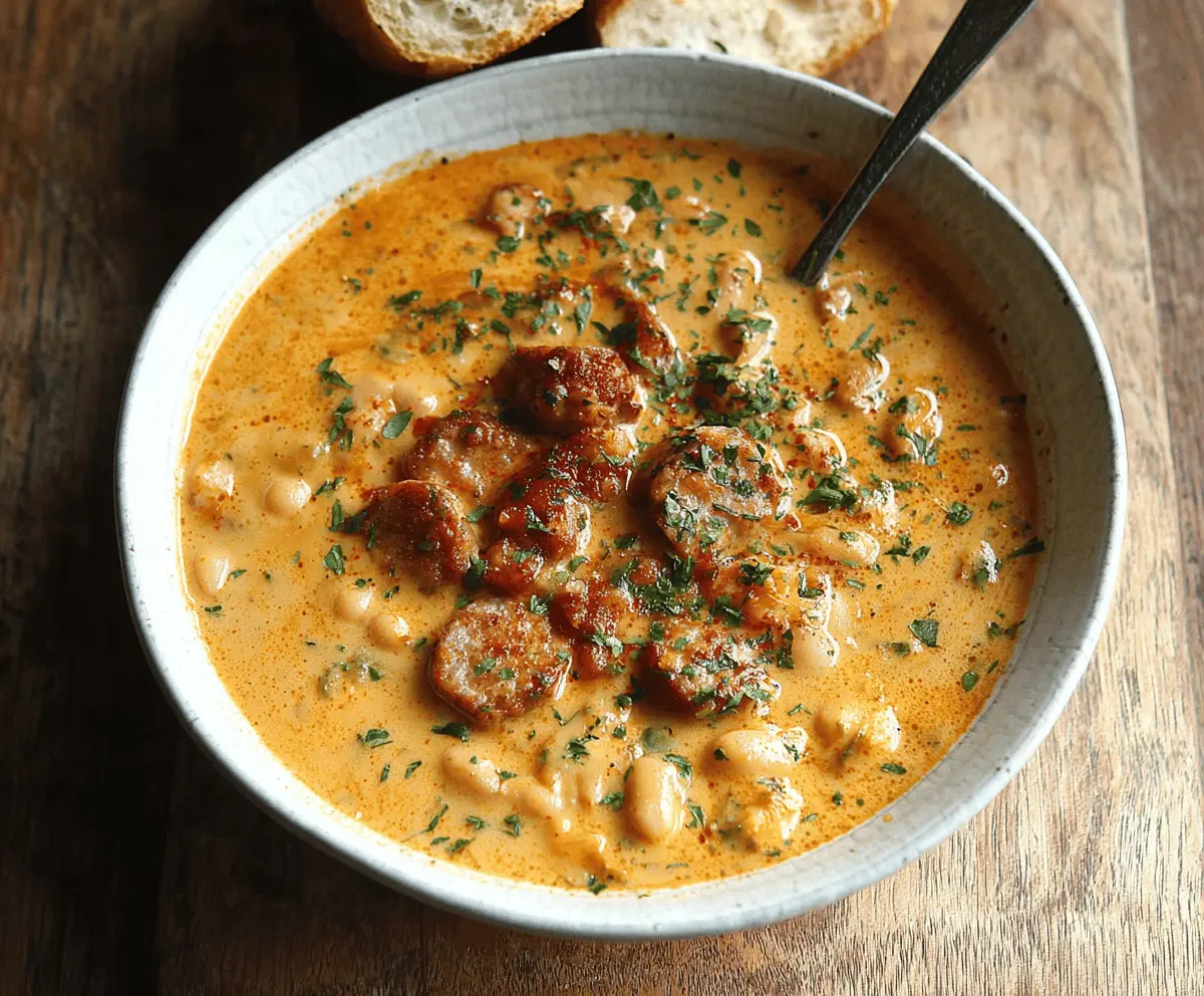 Delicious creamy bean soup topped with slices of sausage in a bowl.