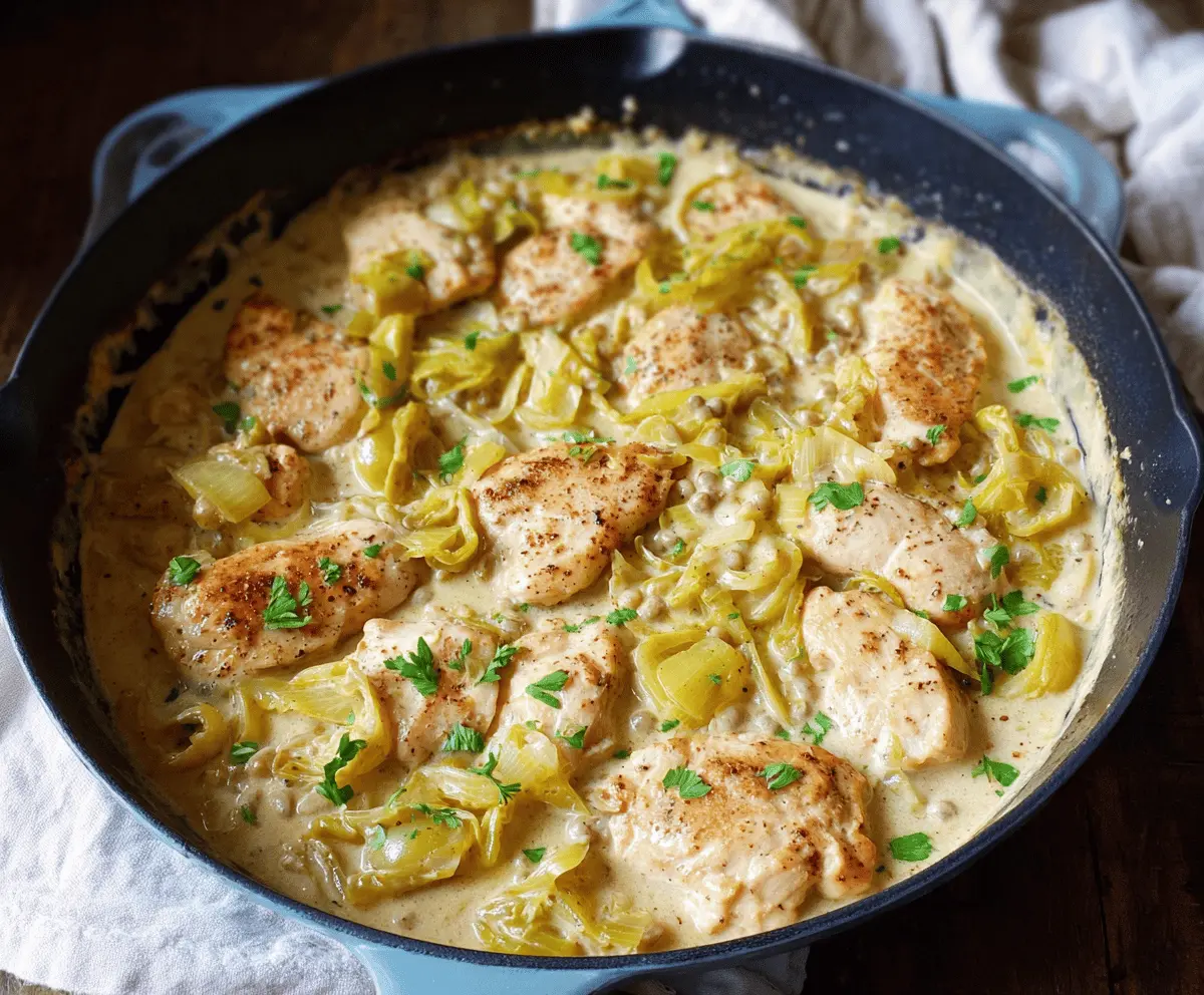 Creamy pepperoncini chicken skillet served in a rustic dish with fresh herbs.
