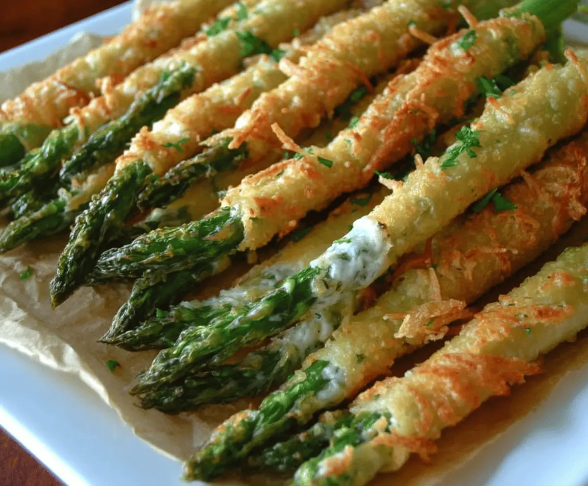 Golden crispy asparagus spears topped with melted Asiago cheese, perfect as an appetizer or snack.