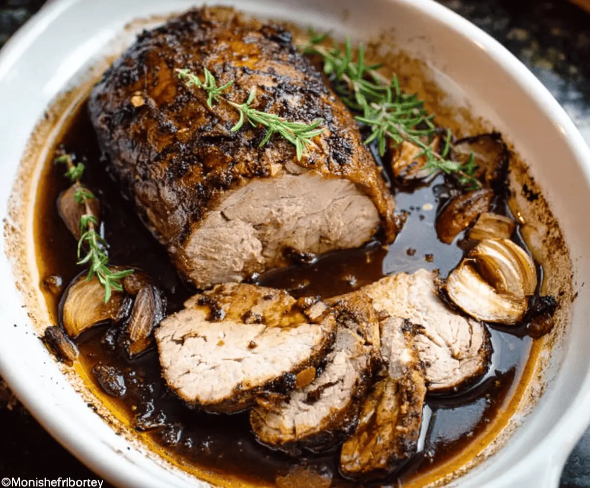Delicious Crock Pot Garlic Balsamic Pork Loin served with fresh herbs and vegetables.