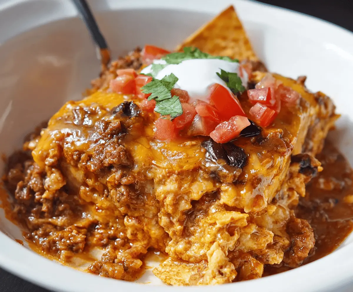 Delicious Crockpot Beef Enchilada Casserole topped with melted cheese and fresh cilantro.