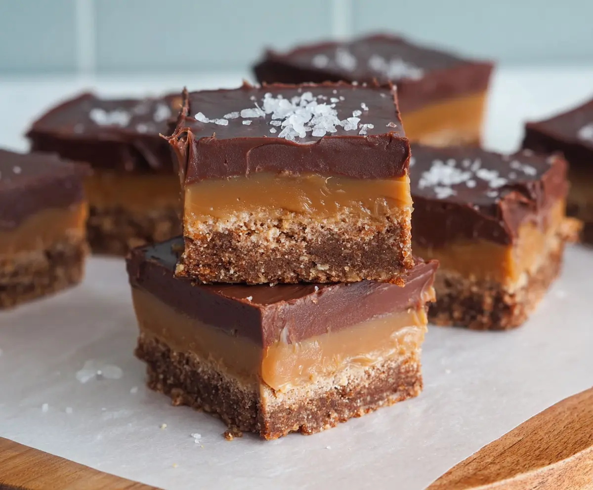 Delicious double chocolate caramel slice with a rich, glossy caramel topping and a chocolate crust, perfect for dessert lovers.