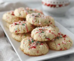Delicious easy Candy Cane Whipped Shortbread Cookies with festive red and white stripes served on a plate.