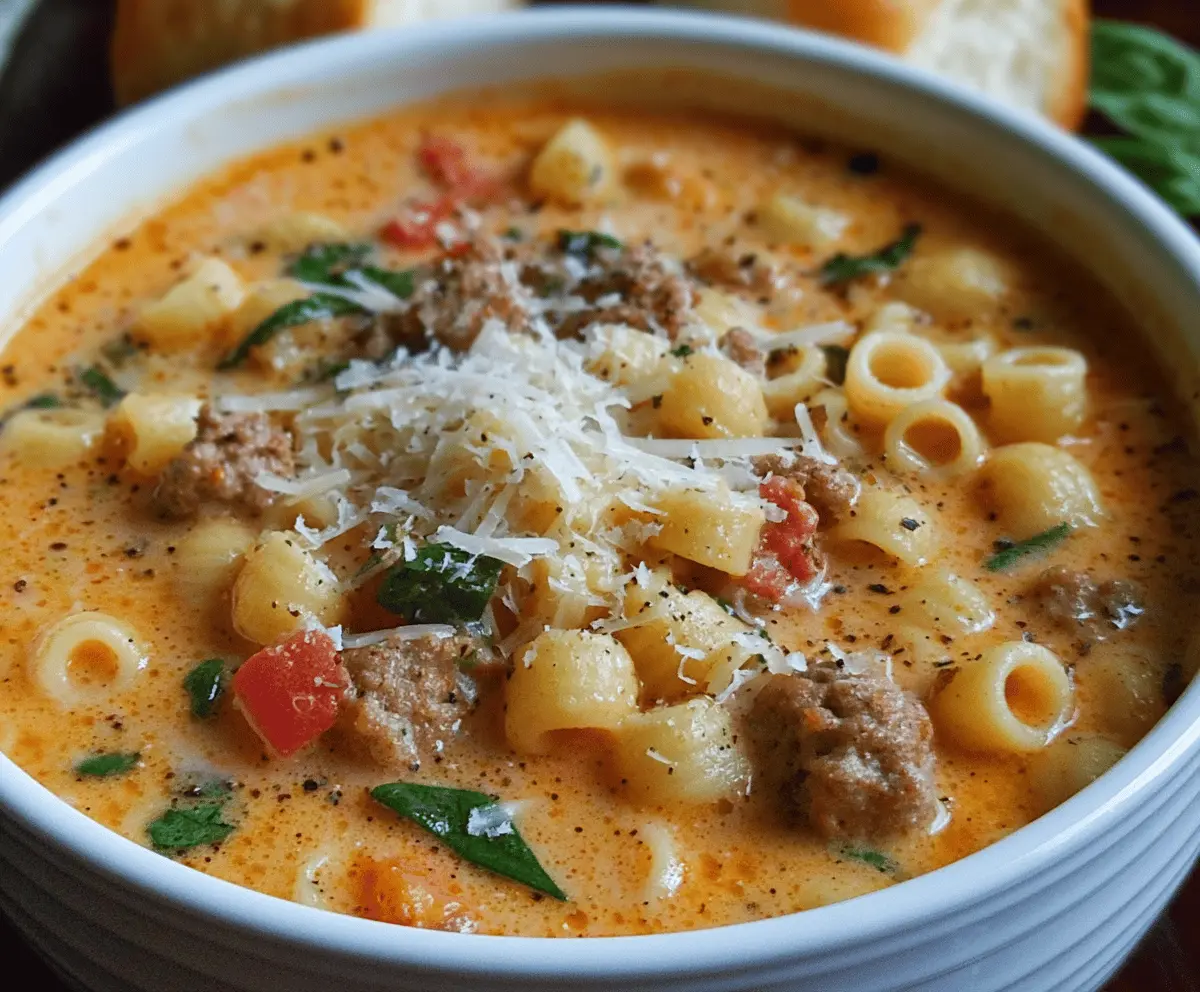 Creamy Italian sausage and Parmesan soup served with Ditalini pasta in a bowl.
