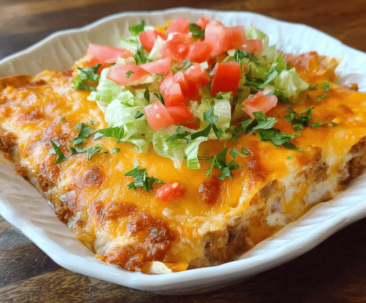 Delicious easy enchilada casserole with melted cheese and red sauce in a baking dish.