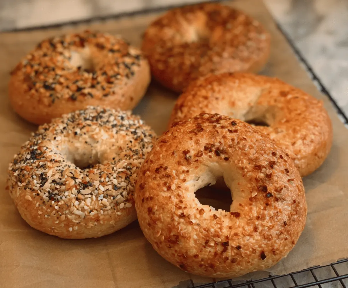 Close-up of freshly baked homemade New York-style bagels on a wooden cutting board.