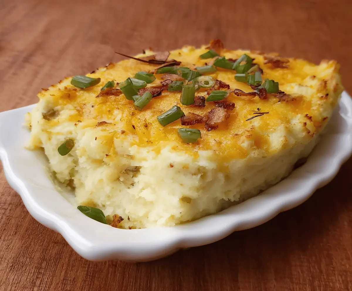 Creamy garlic mashed potato casserole topped with golden-brown crust, perfect for a comforting side dish.