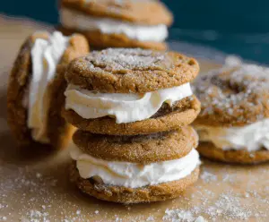 Delicious ginger molasses sandwich cookies with creamy buttercream frosting on a rustic plate.