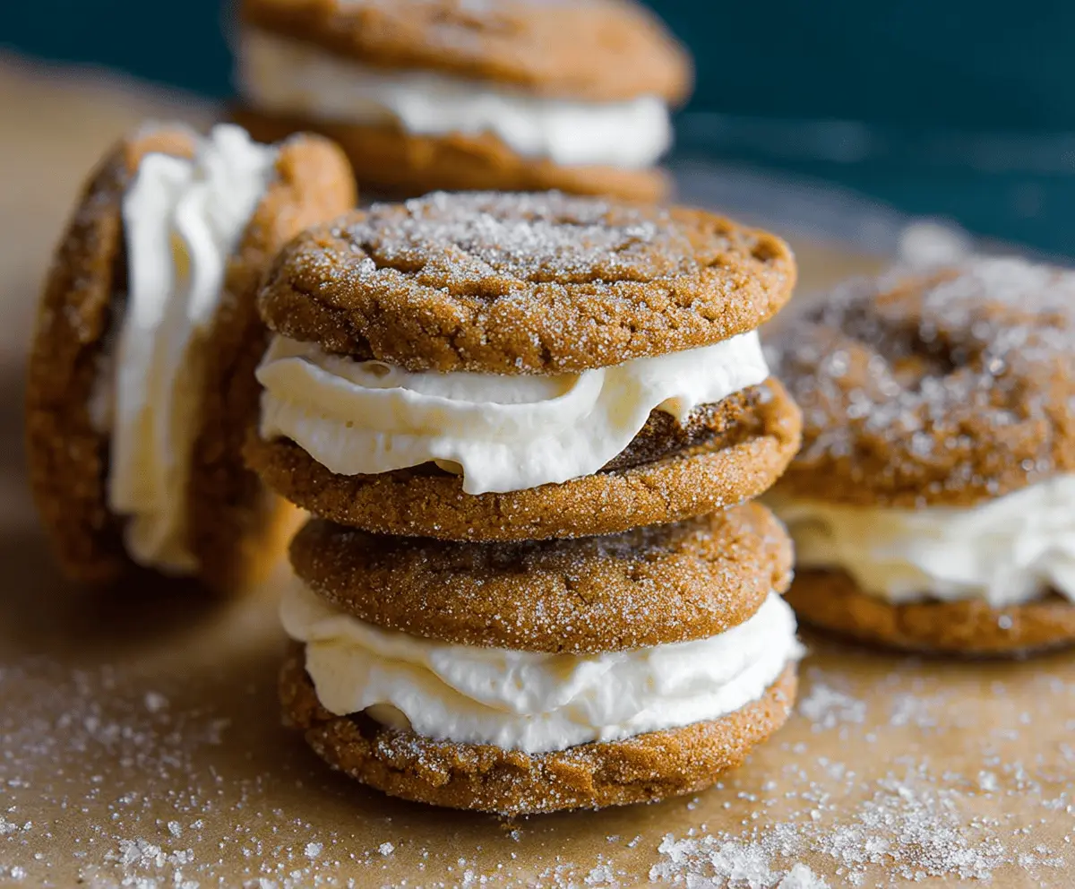 Delicious ginger molasses sandwich cookies with creamy buttercream frosting on a rustic plate.
