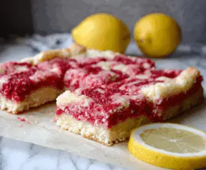 Delicious gluten-free raspberry lemon bar with fresh berries and zesty lemon topping.