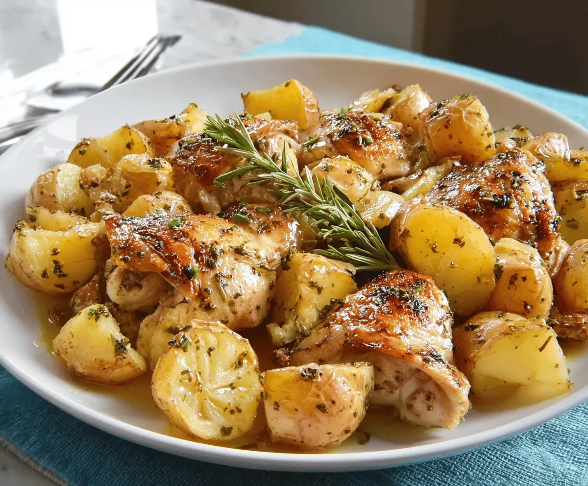 Delicious Greek Lemon Chicken served with roasted potatoes on a plate.