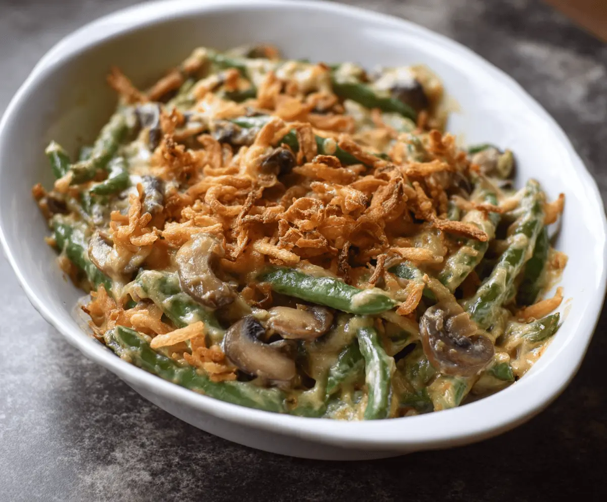 Delicious homemade green bean casserole with crispy onions and creamy sauce.