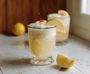Refreshing Italian Lemon Cream Soda topped with lemon slices and whipped cream in a tall glass.