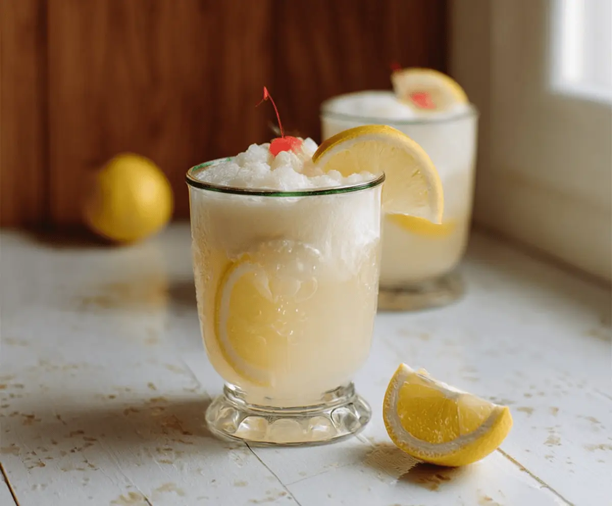 Refreshing Italian Lemon Cream Soda topped with lemon slices and whipped cream in a tall glass.