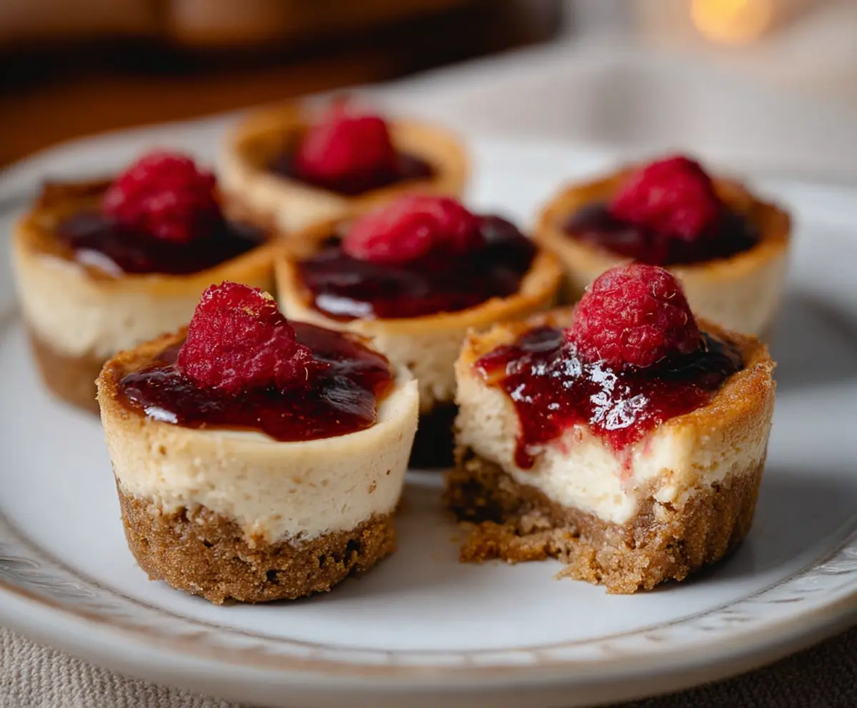 Delicious mini vegan baked cheesecakes garnished with fresh berries on a white plate.