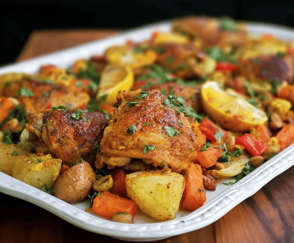 Delicious Moroccan chicken thigh sheet pan dinner with spices and vegetables.