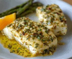 Juicy grilled halibut fillet topped with orange and Dijon mustard sauce on a plate.