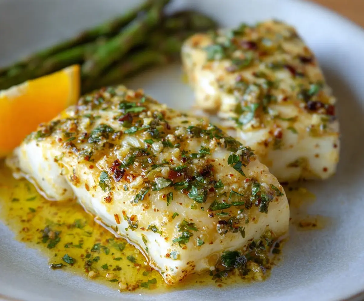 Juicy grilled halibut fillet topped with orange and Dijon mustard sauce on a plate.