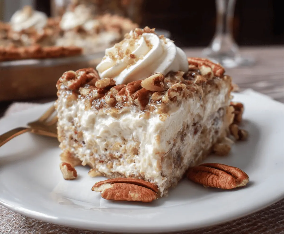 Delicious Pecan Cream Deep Dish Pie topped with whipped cream and chopped pecans