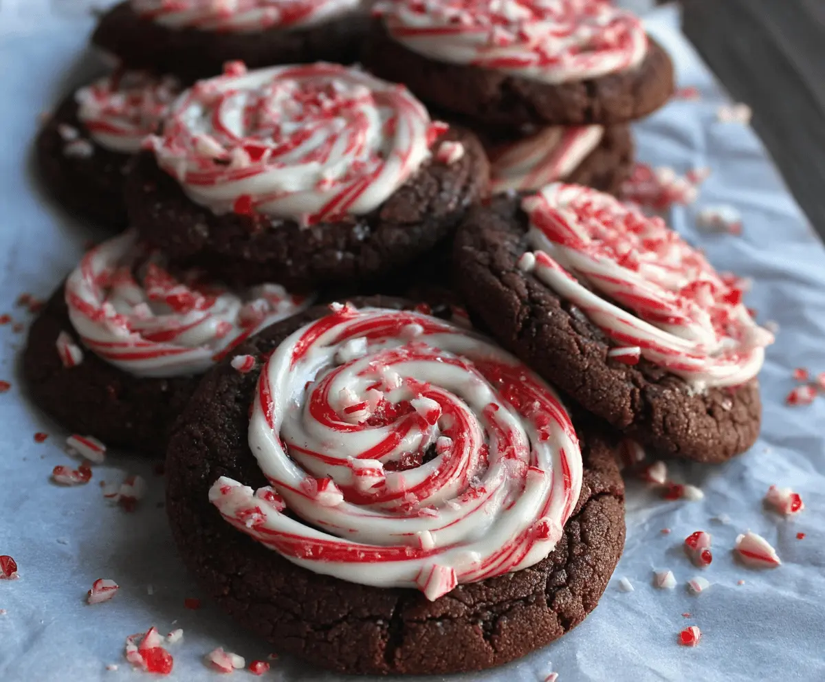 Delicious peppermint chocolate cookies coated with festive chocolate and peppermint pieces.