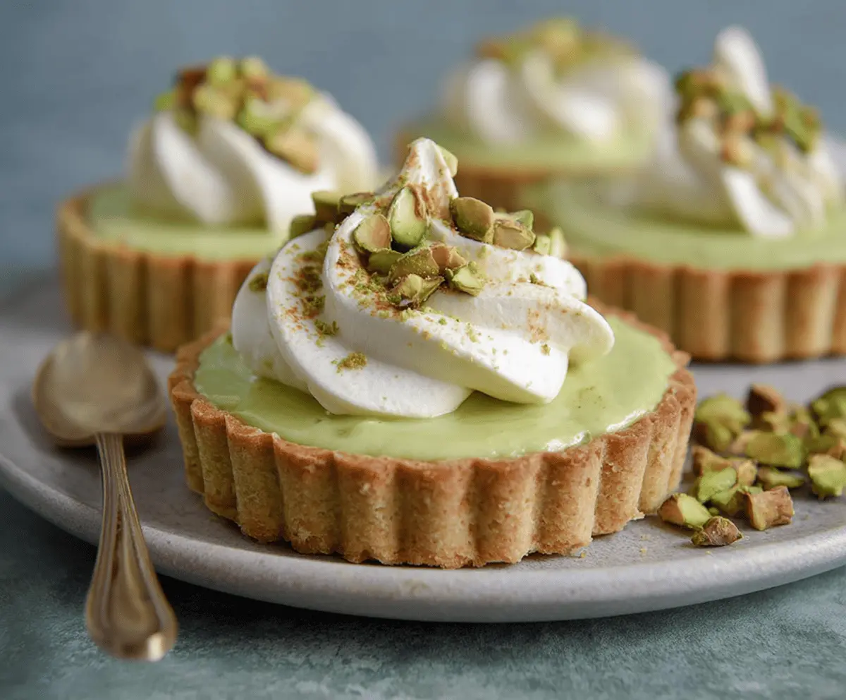 Delicious pistachio pudding tart with a crunchy crust and creamy filling, perfect for dessert lovers.