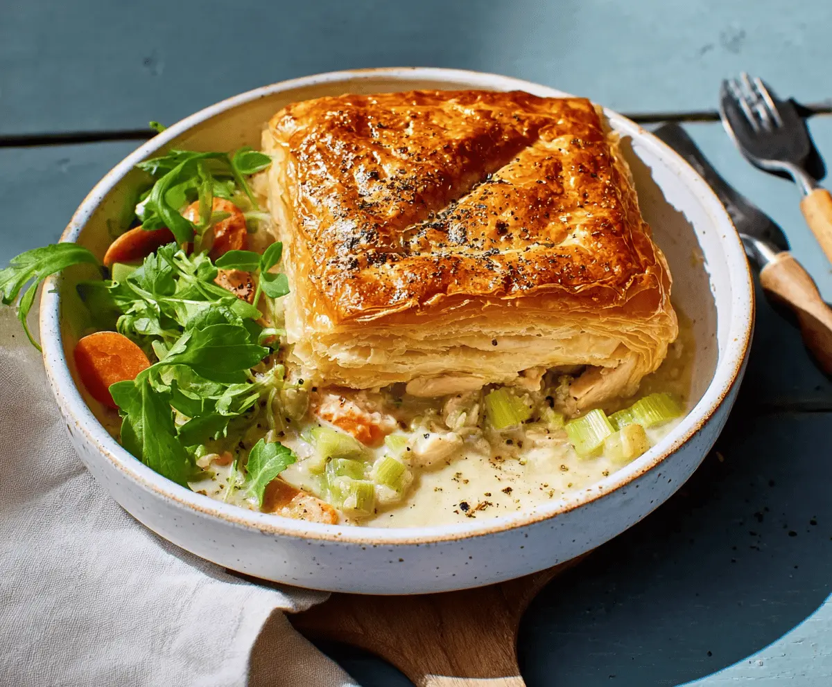 Delicious Puff Pastry Chicken and Leek Casserole topped with golden, flaky pastry slices.