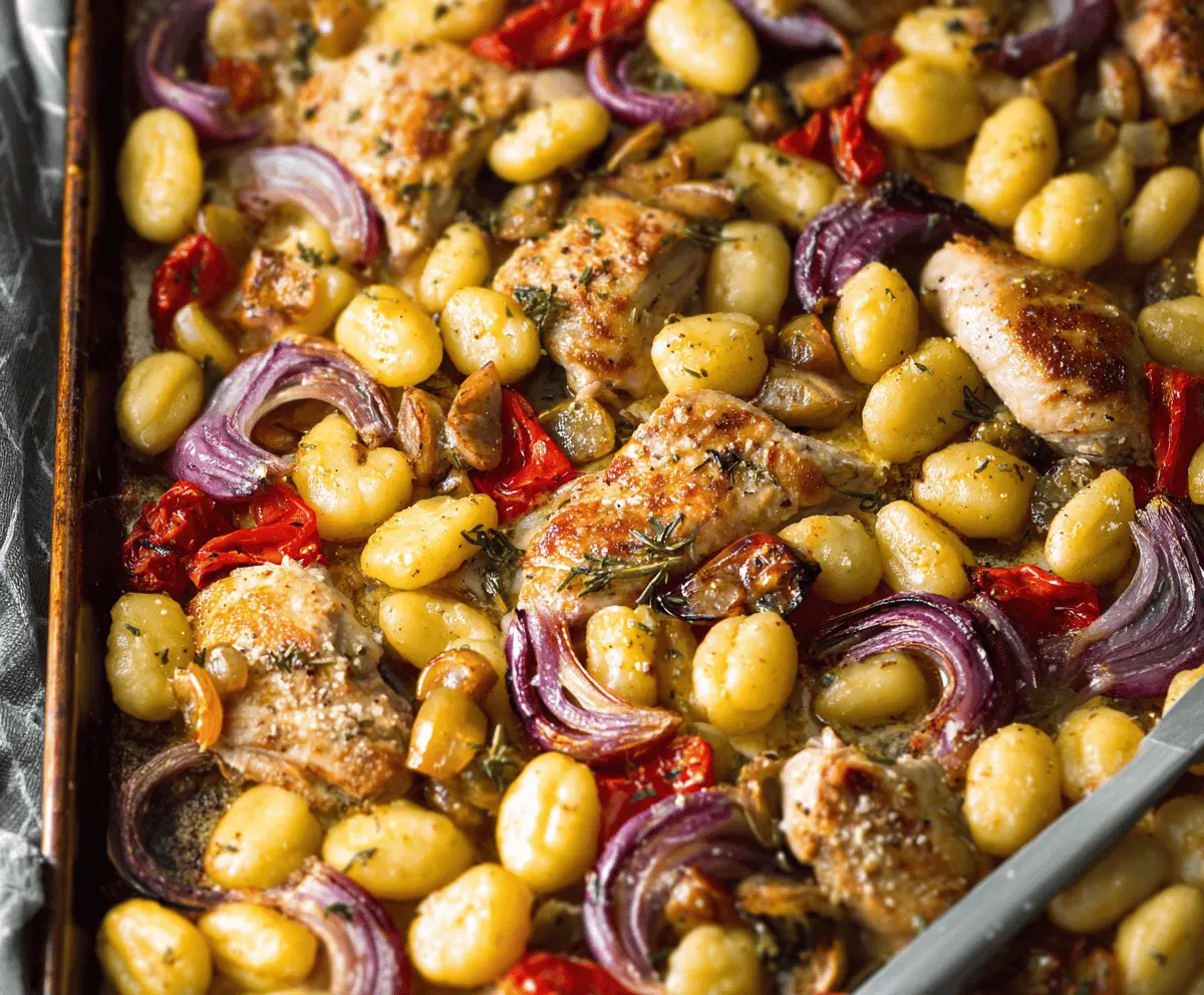 Delicious sheet pan chicken scarpariello with colorful vegetables and tender gnocchi for a cozy dinner.