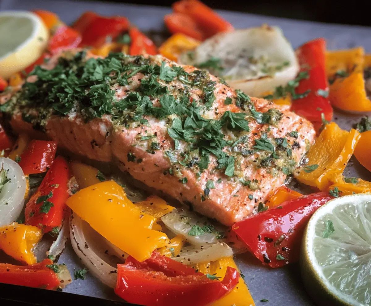 Delicious baked sheet pan salmon with colorful bell peppers and fresh herbs for a healthy dinner.