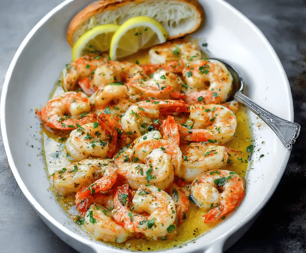 Delicious shrimp scampi served with garlic butter and fresh herbs on a white plate.