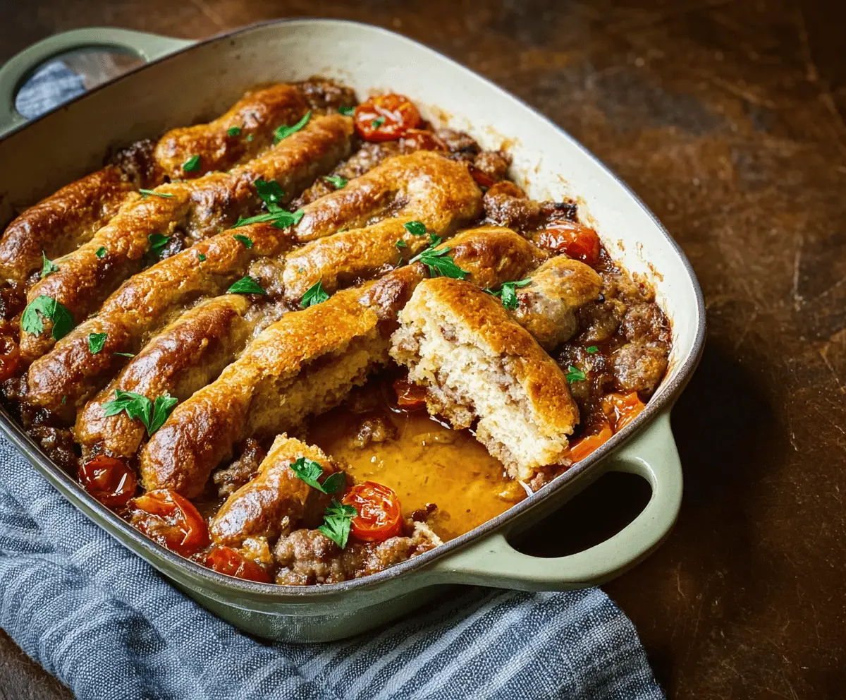 Delicious simple sausage casserole served in a baking dish with vegetables and herbs.