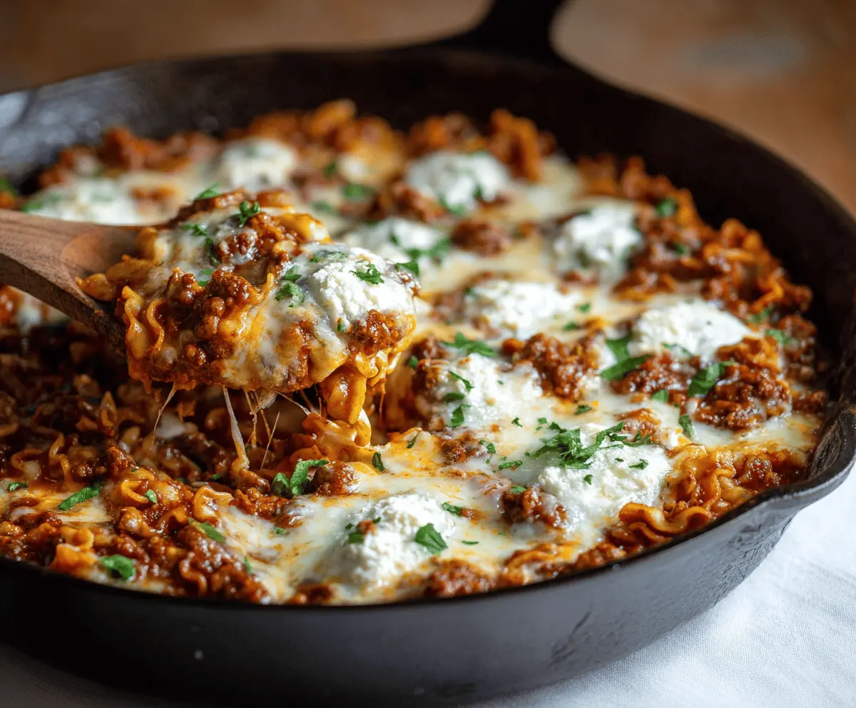 Delicious skillet lasagna with layers of cheese, pasta, and rich tomato sauce in a cast iron skillet.