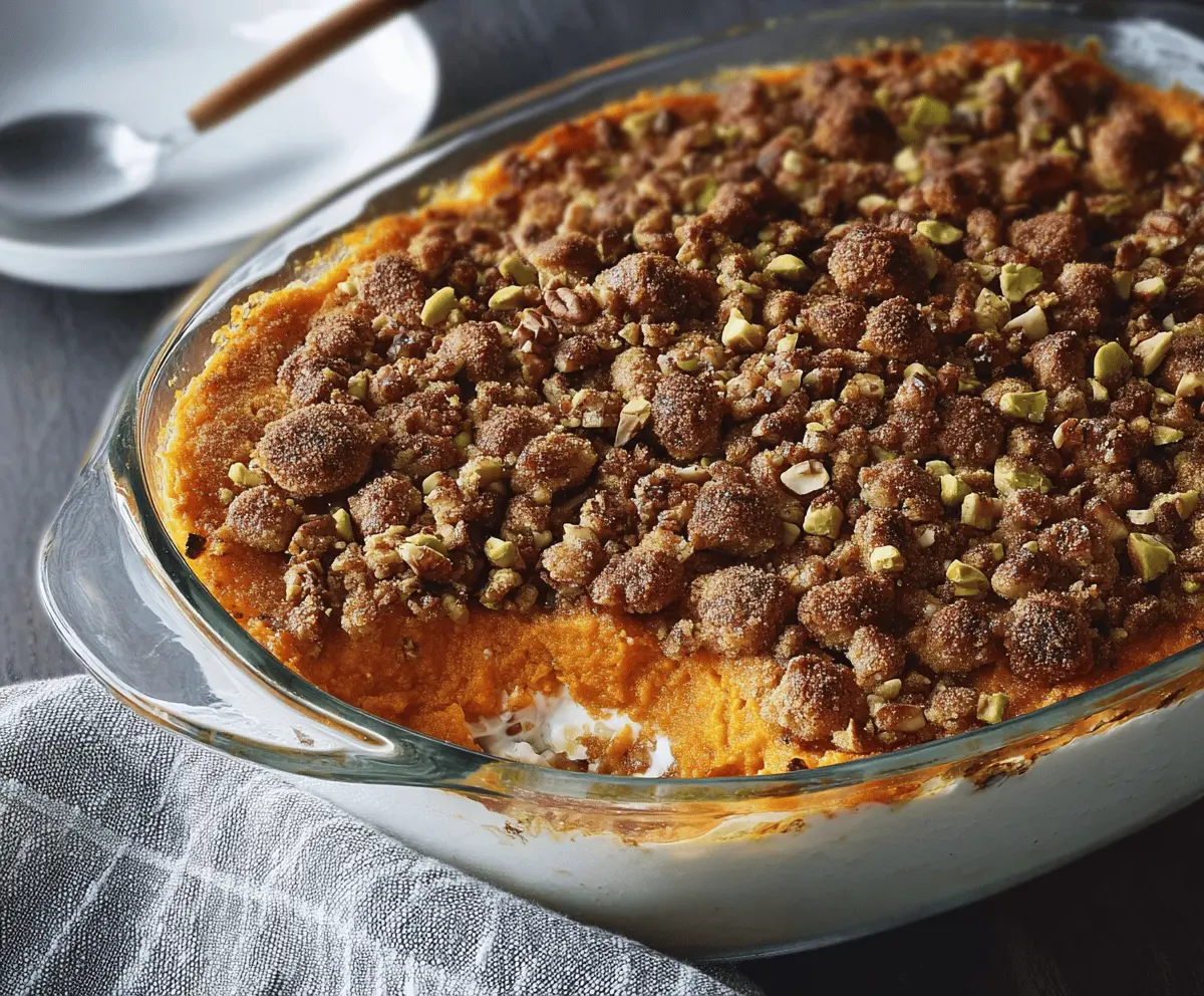 Delicious sweet potato casserole topped with marshmallows in a baking dish