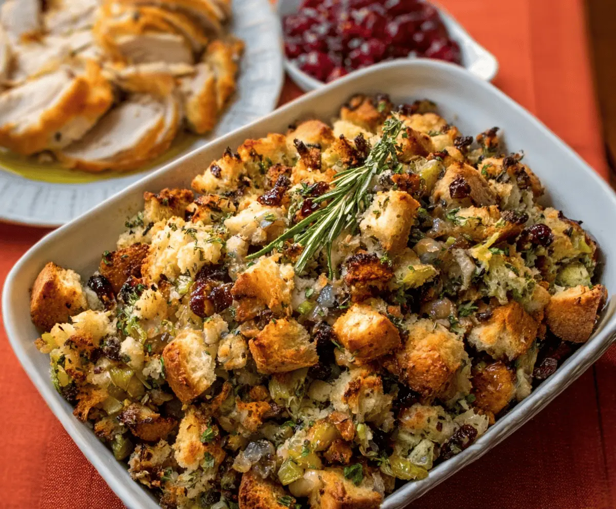 Juicy roasted Thanksgiving turkey with golden stuffing on a festive platter.