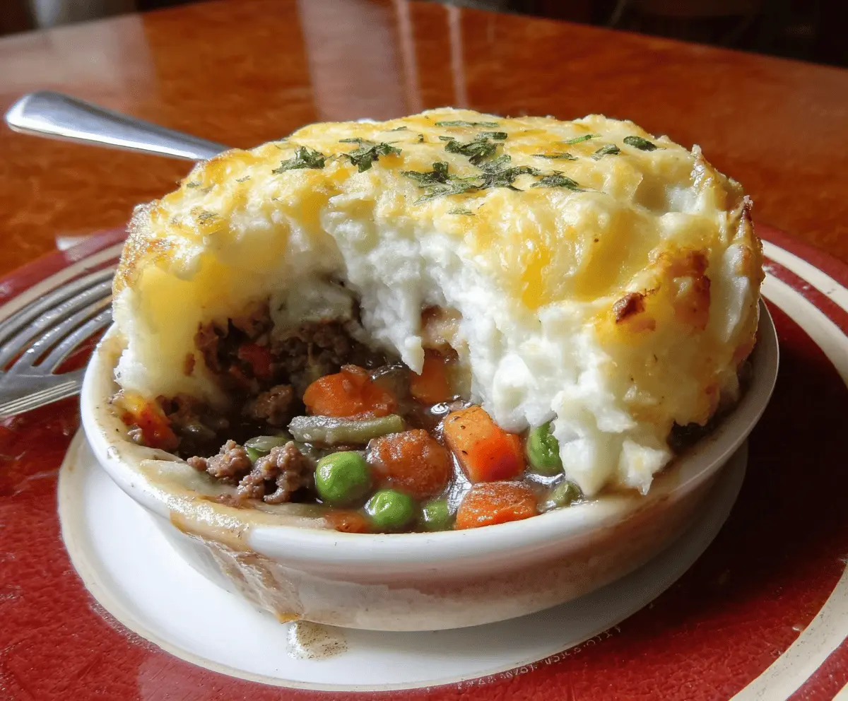 Delicious Zippy Shepherd's Pie garnished with fresh herbs on a rustic plate.