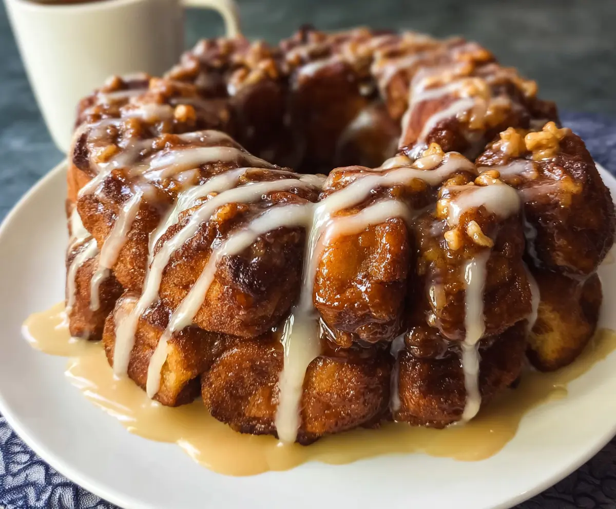 Delicious Apple-Walnut Cinnamon Roll Monkey Bread showing golden-brown, gooey pastry topped with fresh apple slices and chopped walnuts.