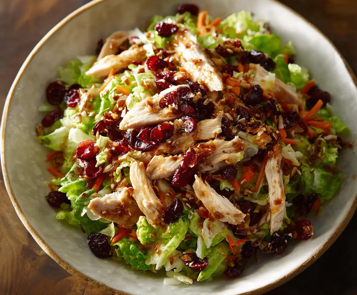 Asian Chicken Cranberry Salad with fresh greens, tender chicken, and tart cranberries in a colorful bowl