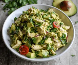 Healthy avocado chicken salad with fresh ingredients and high protein content, no mayo, served as a nutritious meal