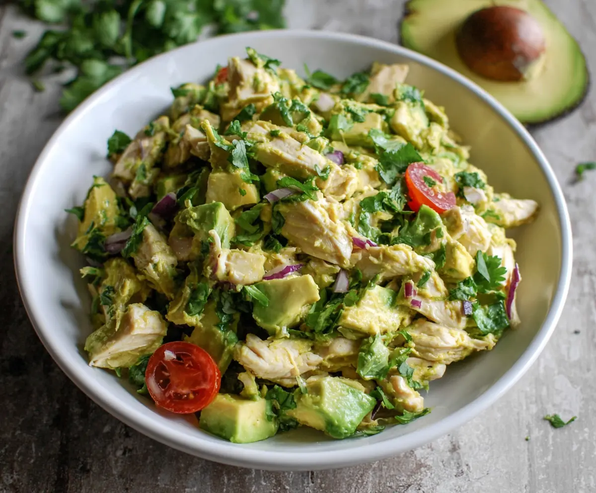 Healthy avocado chicken salad with fresh ingredients and high protein content, no mayo, served as a nutritious meal