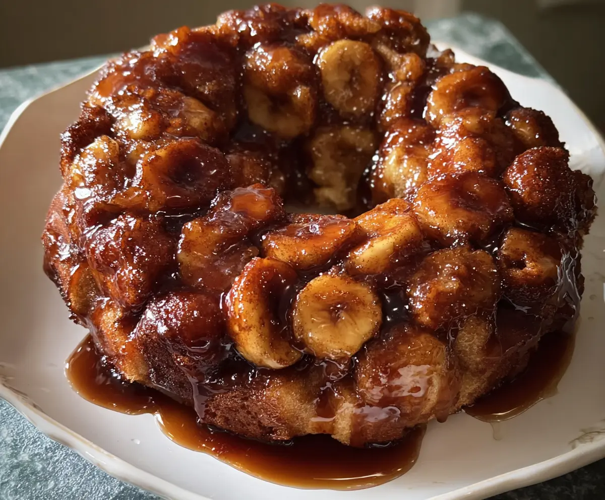 Delicious Bananas Foster Monkey Bread topped with caramelized bananas and icing.