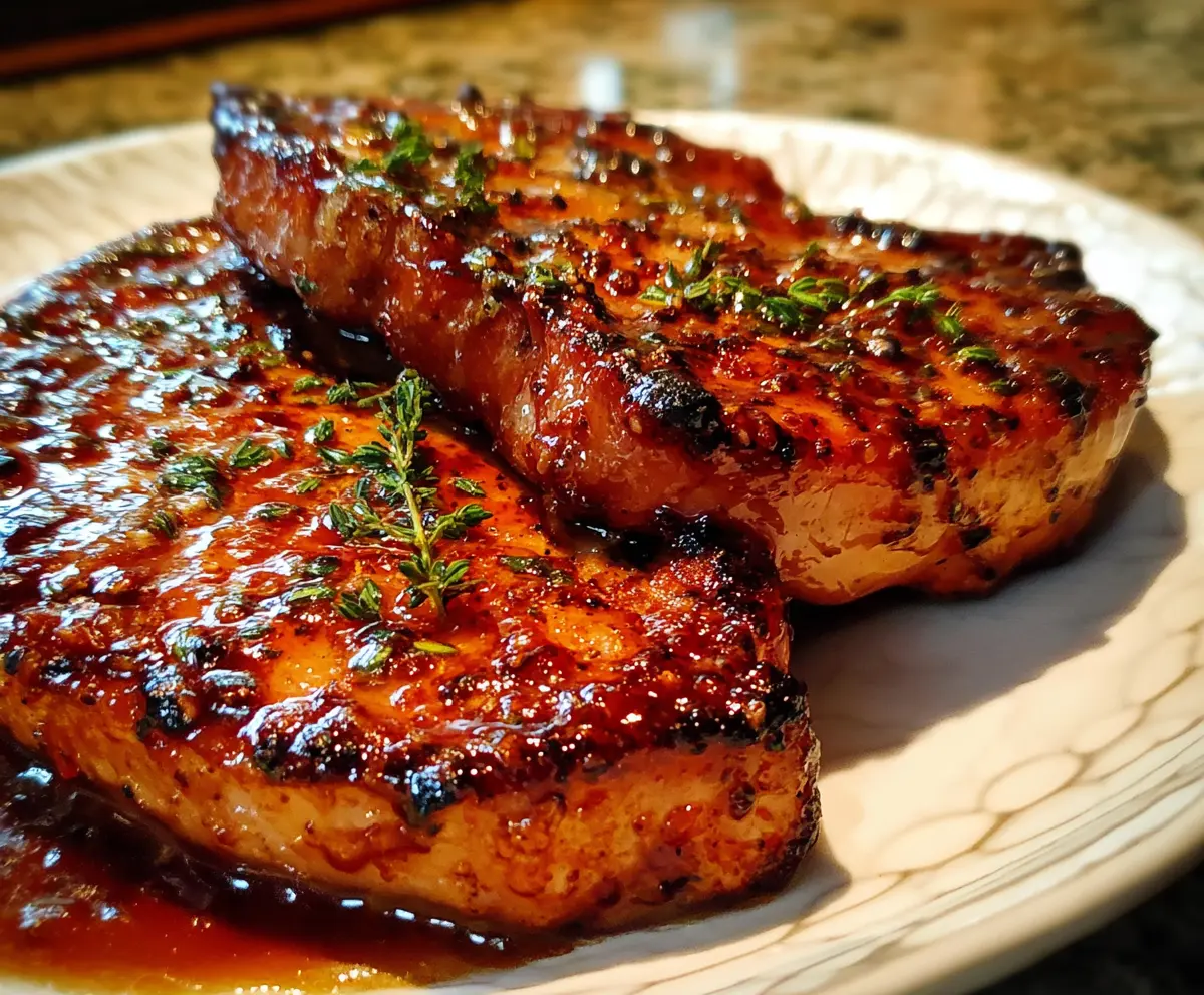 Juicy honey garlic pork chops served on a plate with fresh herbs, perfect for a delicious dinner.