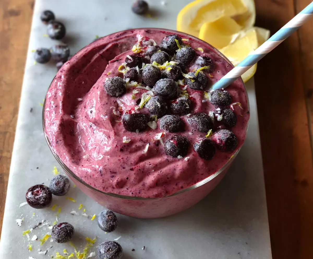 Refreshing blueberry cherry smoothie in a glass with fresh berries on top