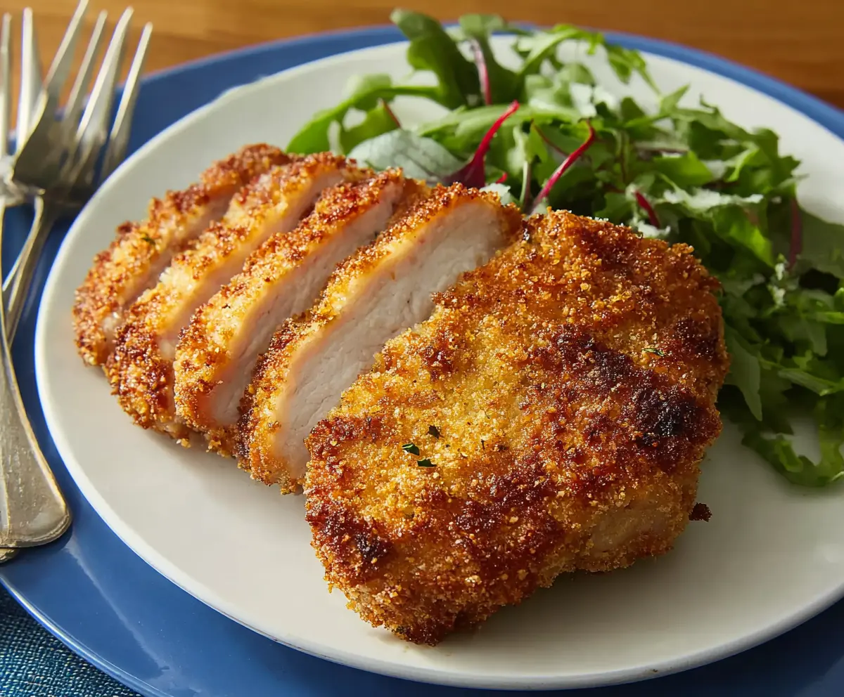 Crispy breaded air fryer pork chops served on a plate with vegetables