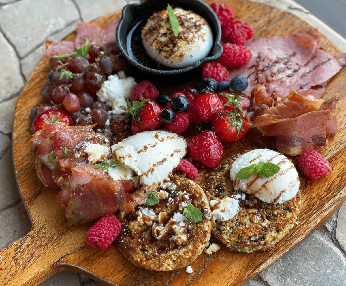 Delicious brunch charcuterie platter with protein pan-tinis and assorted toppings for a satisfying meal.