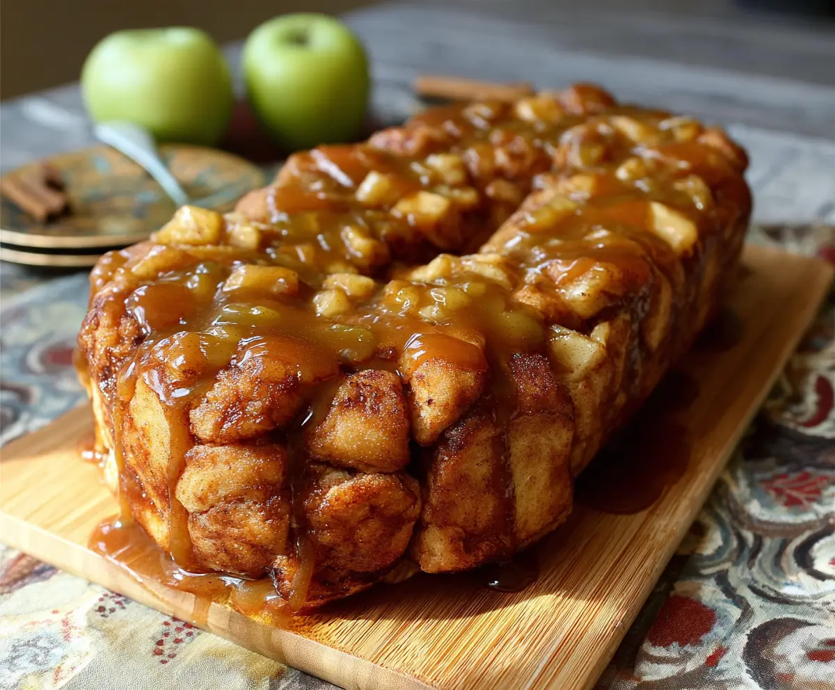 Delicious dairy-free caramel apple monkey bread topped with caramel sauce and fresh sliced apples.