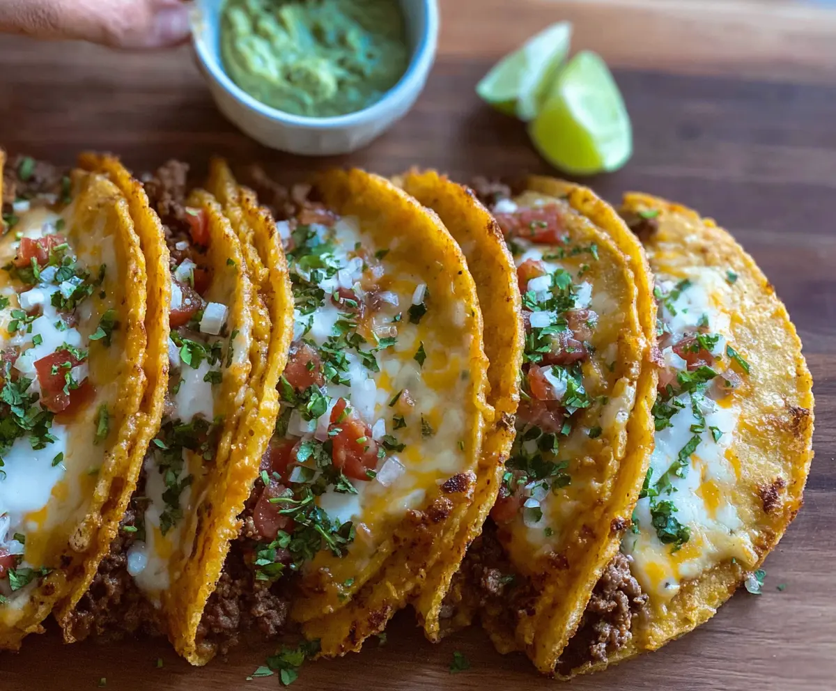 Delicious cheesy Rotel tacos with melted cheese and seasoned meat on a plate