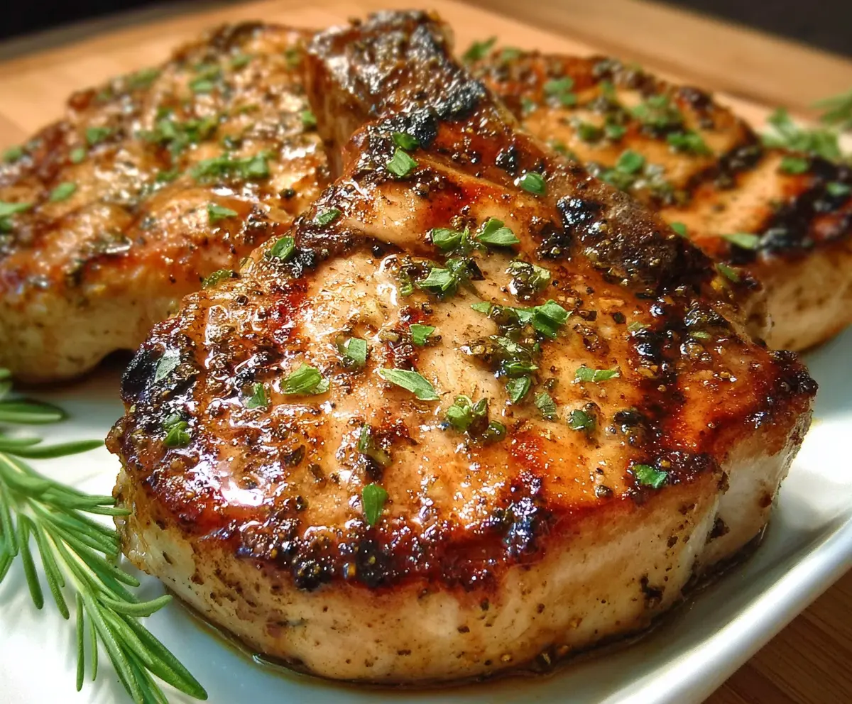 Juicy Chesapeake Bay Pork Chops served with fresh herbs and lemon on a rustic wooden plate.