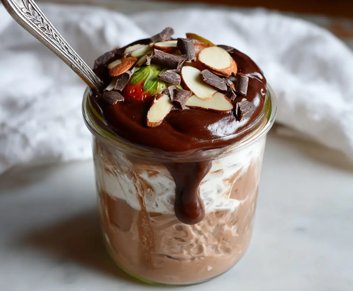 Delicious Chocolate Almond Parfait layered with rich chocolate and crunchy almonds in a clear glass