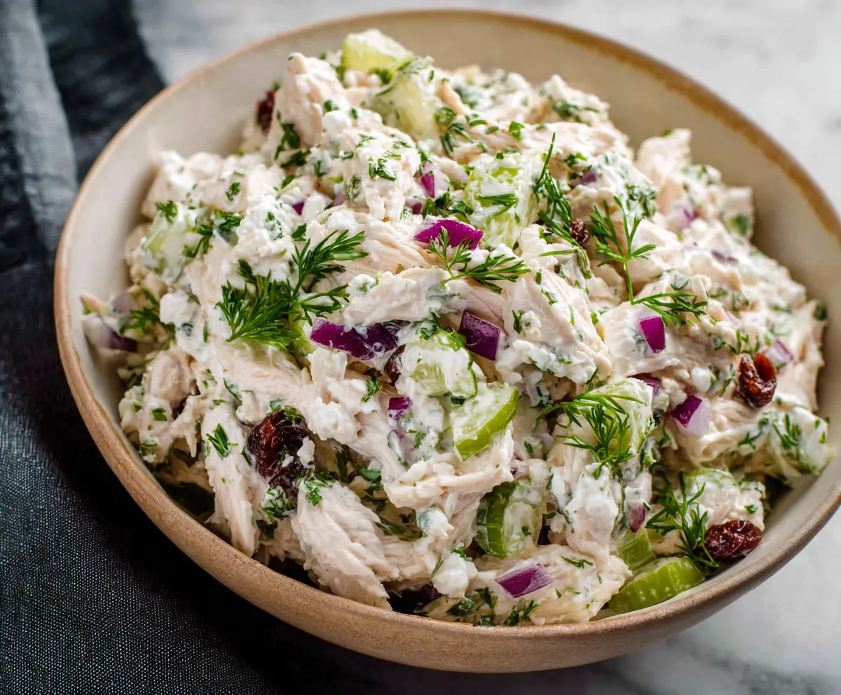 Creamy cottage cheese chicken salad with fresh vegetables and herbs, perfect for a healthy meal.